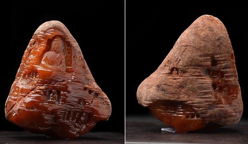 
                玉雕师用红翡雕刻四大名窟，原来带皮色翡翠竟然那么美
   第5张